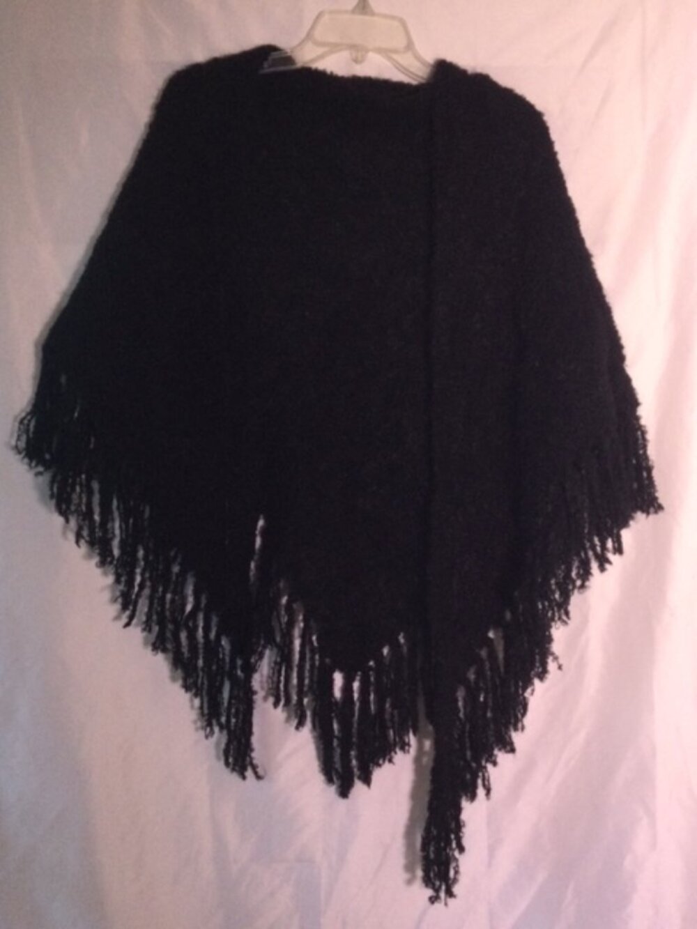 Black Textured Knit Fringe Poncho Shawl Wrap Boho One Size